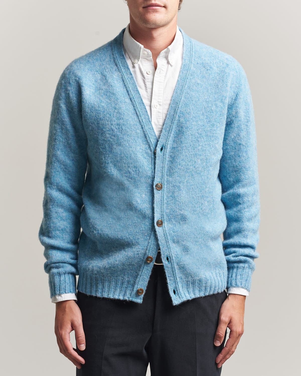 Harley Of Scotland Brushed Supersoft Lambswool Cardigan Loch Blue men L Blå