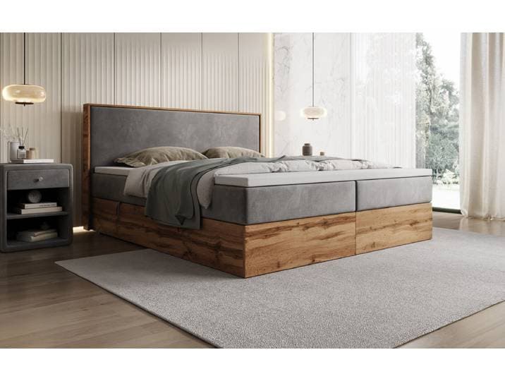 Boxspringbett Timber mit Stauraum in Samt - 160x200 - Grau - H4 (100kg+) - Luxusbetten24