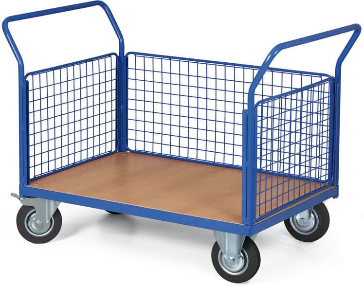 B2B Partner Wózek platformowy - 3 burty z siatki, 1200 x 800 mm, nośność 500 kg, koła 200 mm z czarną gumą