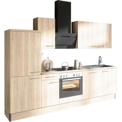 Küche OPTIFIT "Klara", braun (küche: natur, front: wildeiche, korpus: wildeichefarben, arbeitsplatte: wildeichefarben), B:270cm T:60cm, Komplettküchen-Sets, Breite 270 cm, wahlweise mit E-Geräten