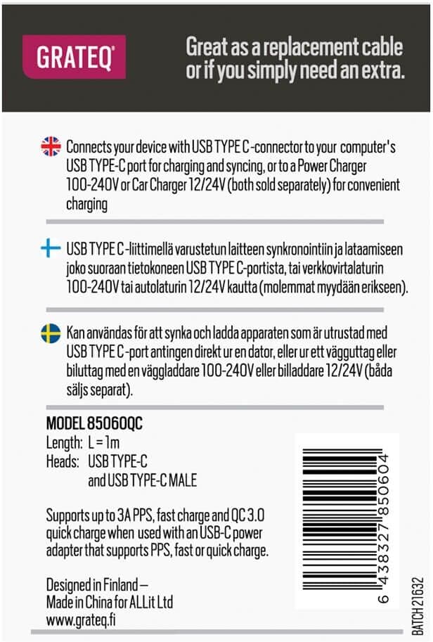 Grateq USB-C - USB-C Pikalatauskaapeli 1.0m, Musta