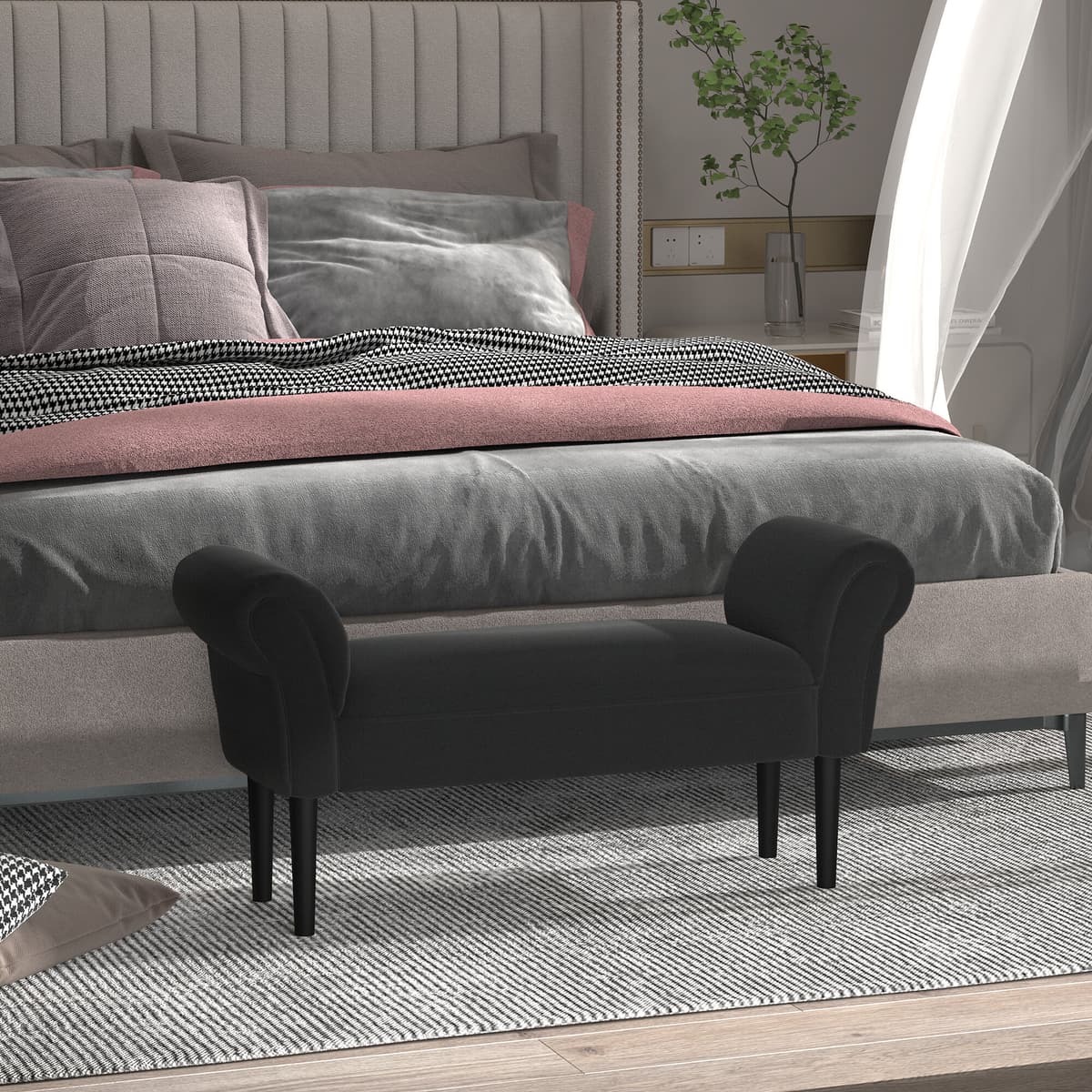 Altro Panca Fondo Letto Imbottita Con Braccioli Arrotolati, 102x35x51cm, Nero