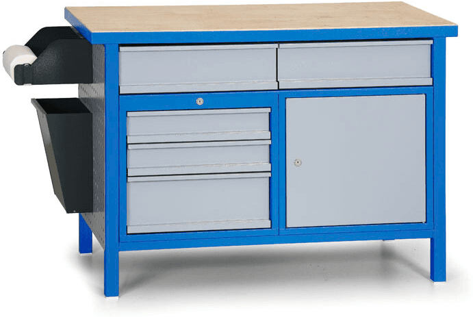 B2B Partner Stół warsztatowy GD, 5 szuflad, świerk + sklejka świerkowa obustronnie fornirowana, 5 szuflad, 1 szafka, 1190 x 600 x 850 mm, niebieski / szary