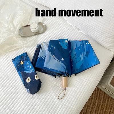 Uplift Picks Automatic Cat Print Sun And Rain Umbrella Portable UV Protection Travel Umbrella hand Movement Blue 8k