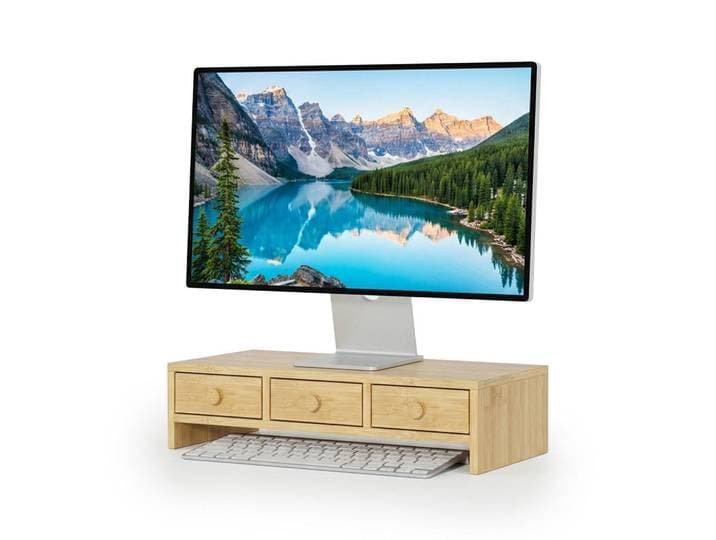Relaxdays Monitorständer Holzoptik MDF 3 Schubladen, Hellbraun, Holzwerkstoff, 51x12.5x24 cm, Büromöbel, Schreibtische