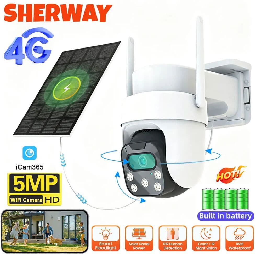 Sherway 2K 4G Sim Solar Security Camera Outdoor Wireless 360° Pan & Tilt HD 5MP AOV Battery PIR Motion Detection Waterproof Surveillance