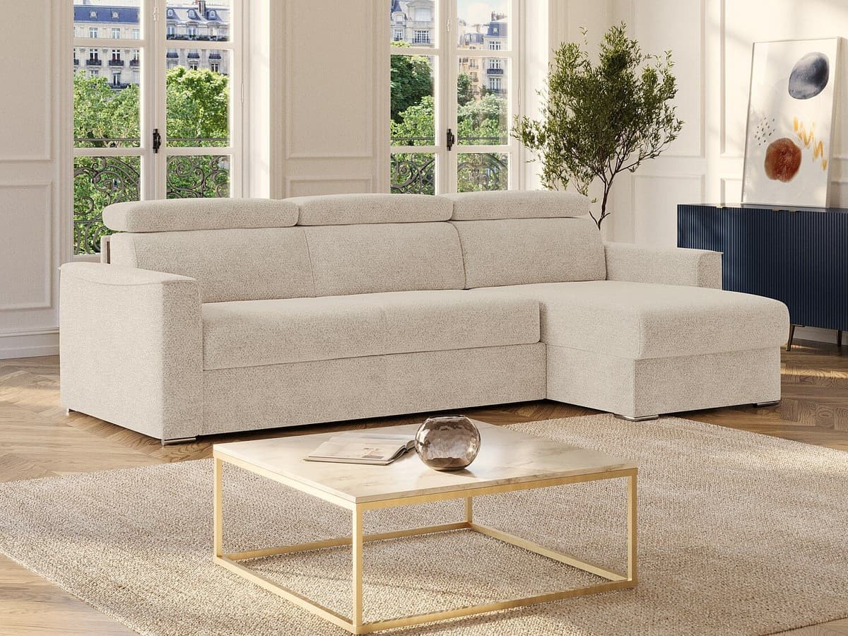 Vente-unique Omkeerbare express-hoekslaapbank in beige chenille stof - Bed 140 cm - Matras 22 cm met traagschuim VIZIR