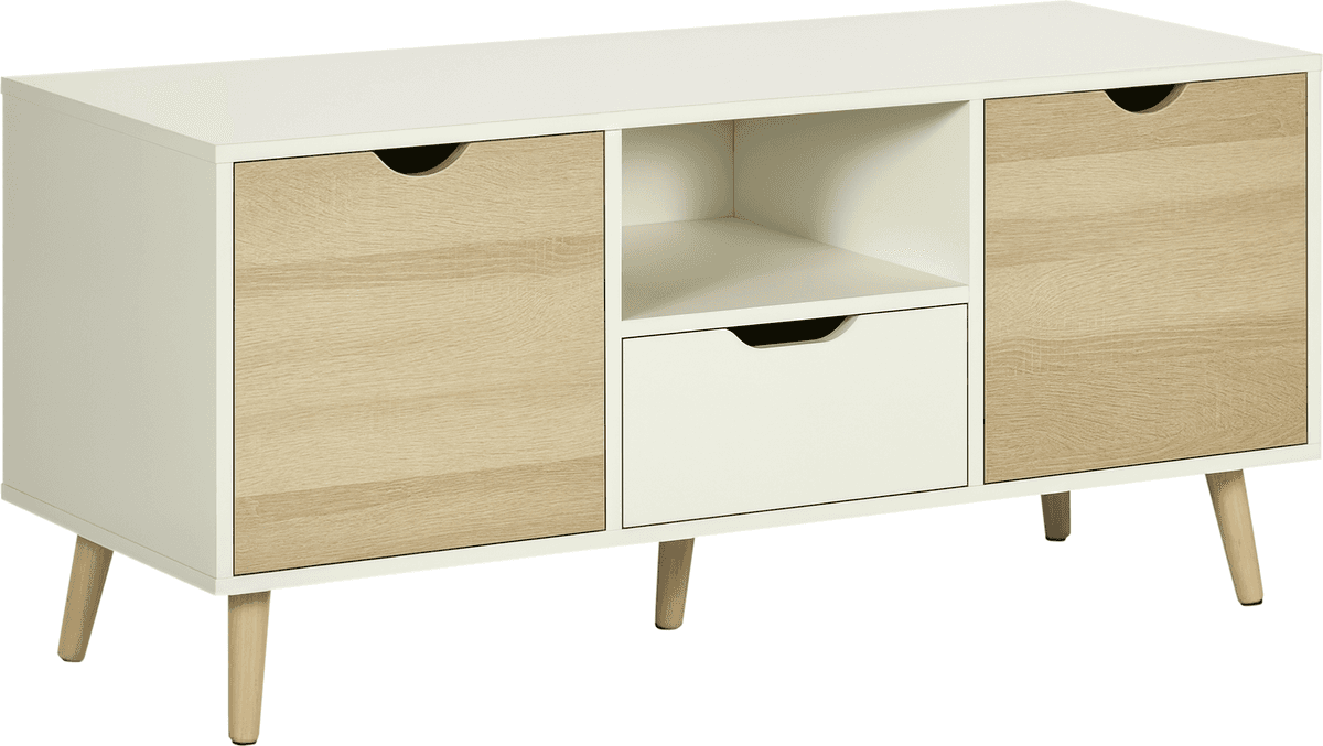 Homcom Mobile TV Moderno max 55" con Cassetti e Ripiani, Armadietti e 5 Gambe in Legno, 110x40x50 cm, Bianco e Colore Legno Aosom