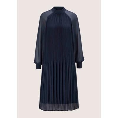 Midikleid MADELEINE "Kleid Plisseekleid mit Stehkragen", Damen, Gr. 40, dunkelblau, Kleider Midikleid