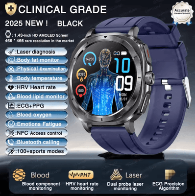 Inspire Curations AI Laser Health Smartwatch With ECG PPG, Uric Acid & Blood Lipid Analysis blue
