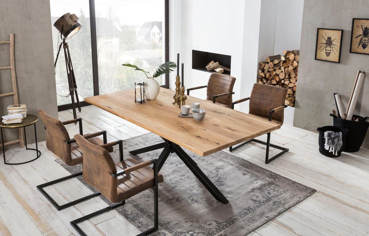 Esstisch SIT "Dakar Wildeiche natur mit Stern-Gestell aus Metall, Massivholz", schwarz (natur, schwarz, schwarz, natur), B:200cm H:76cm T:100cm, Tische, Esstisch, Markantes Stern-Gestell trifft auf massive Wildeiche natur, schwarz, schwarz, natur B/H/T: 2