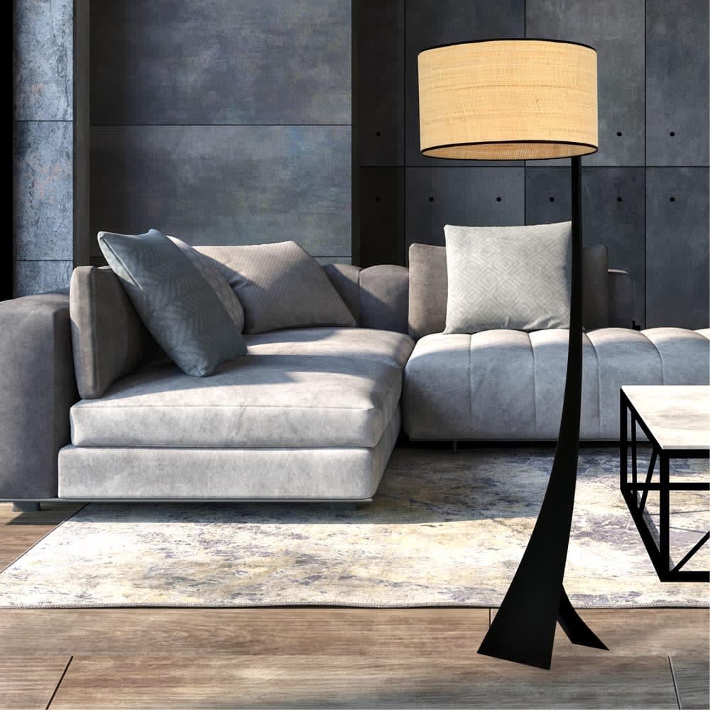 Wonderlamp Lámpara de pie natural con estructura negra y pantalla  de ratán