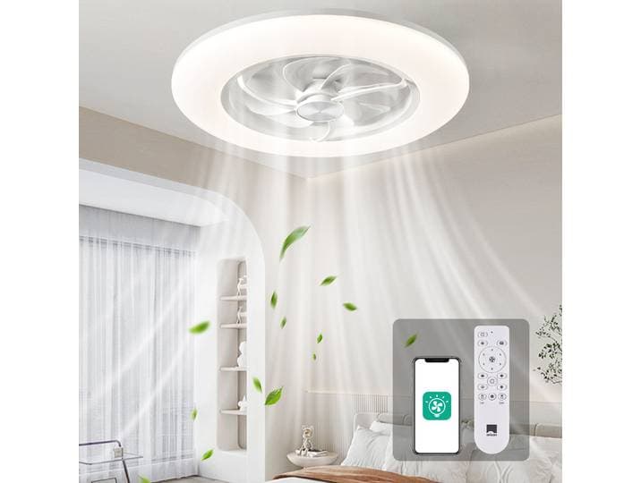 Ventilateur de plafond intelligent de 22,4 pouces avec lumière, montage encastré à profil bas, application FanLamp Pro et télécommande, LED à intensité variable, 6 vitesses, 7 pales silencieuses
