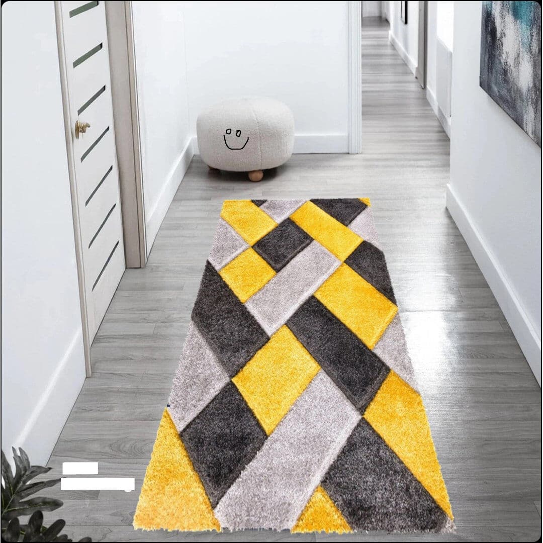 Ebern Designs Rectangle Geometric and Geometric Shapes Shaggy Area Rug Yellow Rectangle 200 X 290 cm