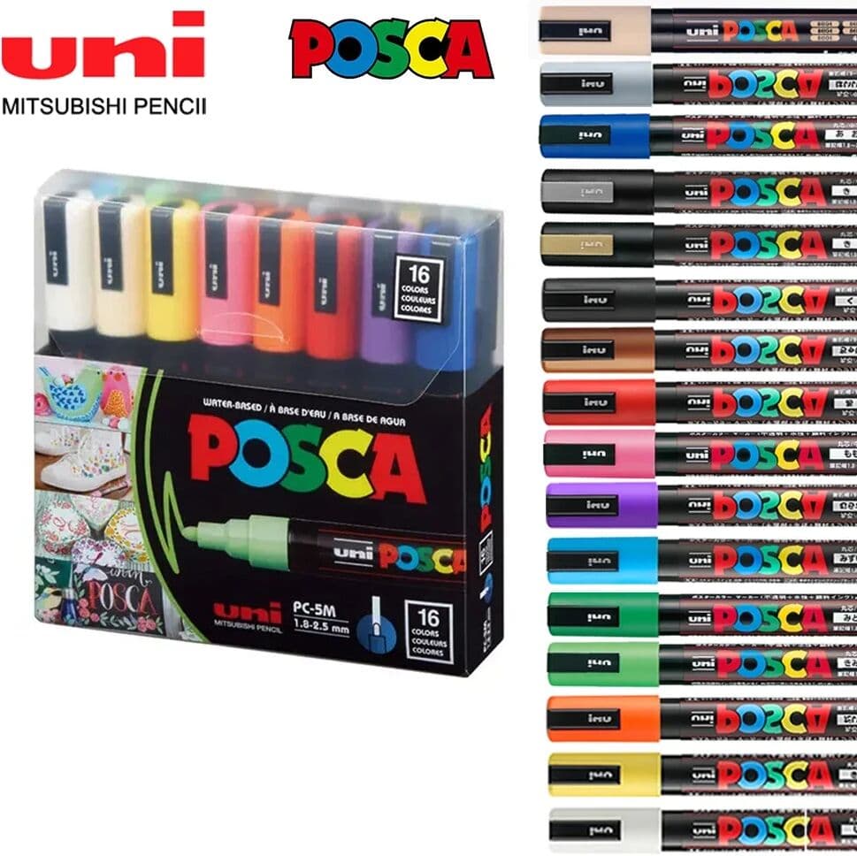 16pcs Japan UNI POSCA Markers Set Acrylic Graffiti Drawing Permanent Waterproof Children's Drawing PC-3M/1M/5M Art Supplies