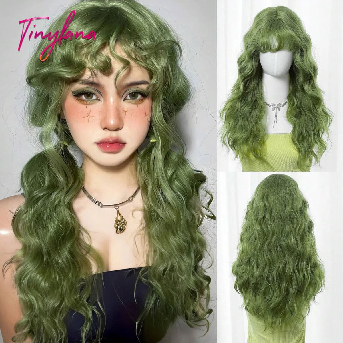 TINY LANA Long Curly Green Wave Synthetic Wigs with Bangs for Women Christmas Grass Green Cosplay Wigs Daily Natural Hair Heat Resistant