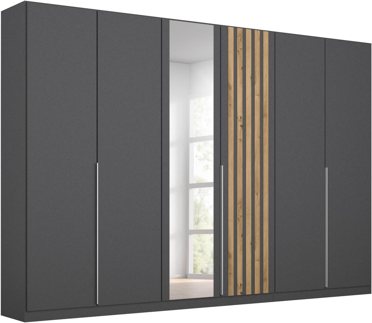 Kleiderschrank RAUCH "Schrank Garderobe Schlafzimmer Ankleide Breiten 181/226/271 cm LAMELLA", grau (graumetallic, eiche artisan), B:271cm H:210cm T:54cm, Holzwerkstoff, Schränke, Kleiderschrank, elegante Lamellen-Auflage in 3D Akustikpaneel Optik MADE IN