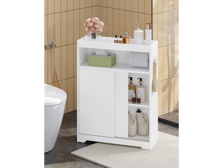 Armoire de salle de bain, armoire encastrée, armoire de salle de bain peu encombrante avec porte-papier hygiénique et crochets, porte coulissante, étagère réglable