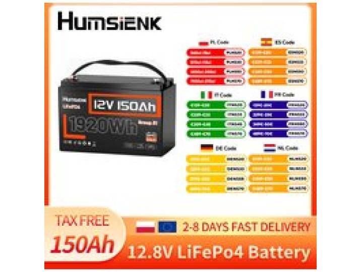 Humsienk 12V 150Ah LiFePO4 Lithium-batterij Ingebouwde 110A BMS 1920Wh 15000+ cycli voor zonne-energie, camper, maritiem gebruik, kamperen, off-grid toepassingen