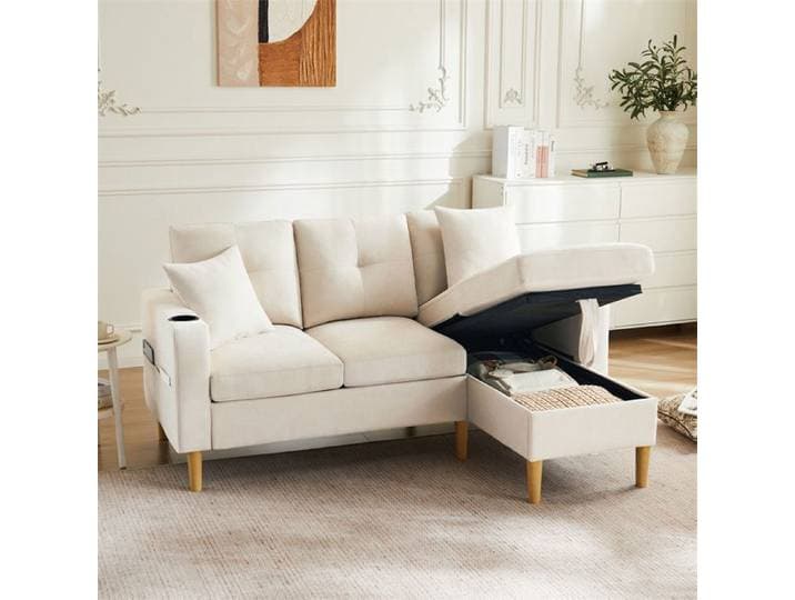 DRIPEX Canapé moderne en L avec espace de rangement et 2 coussins canapé 3 places avec chaise longue et porte-gobelet Beige