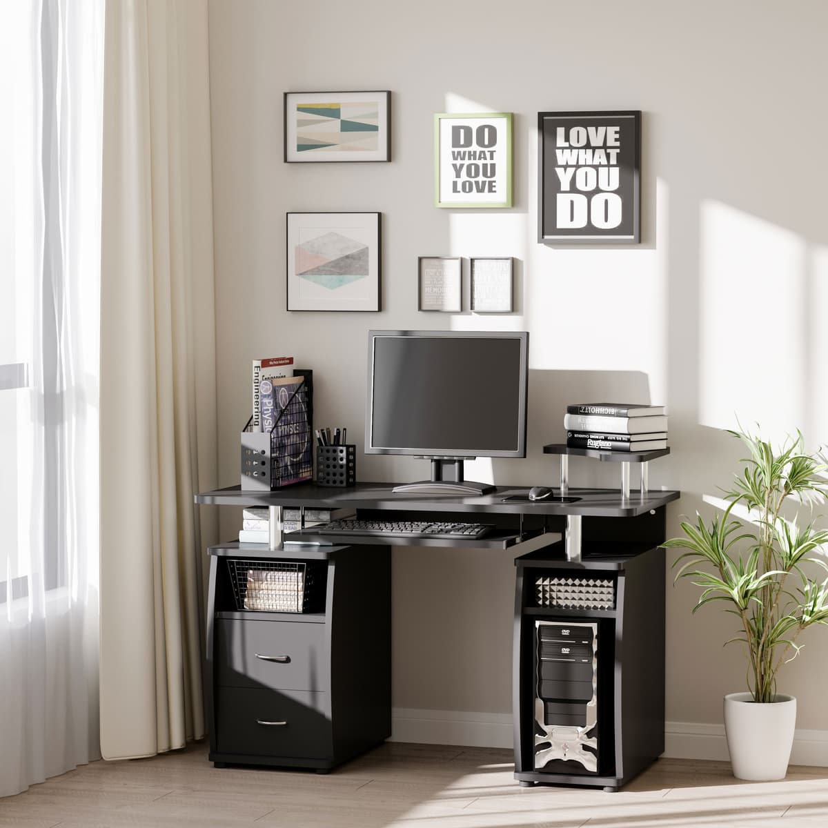 Homcom Scrivania da Ufficio Moderna in Legno con Cassetti e Mensola Estraibile per Tastiera Ideale per Studio e Lavoro 120x55x85cm Nera  Aosom