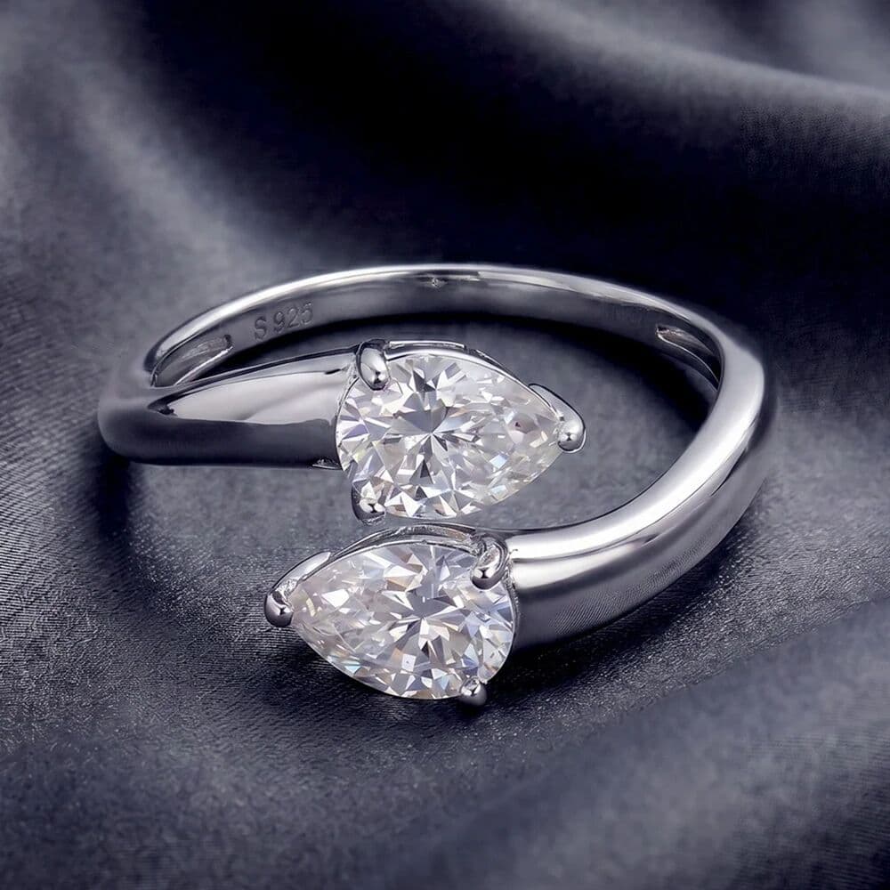 Houtros Open Dual Pear Moissanite Diamond Wedding Band Two Stone Engagement Ring 925 Sterling Silver Adjustable Rings for Women Jewelry