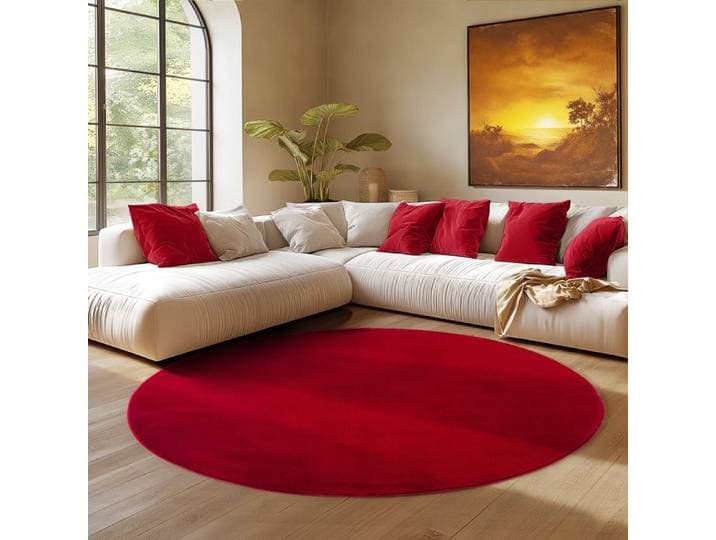 Tapis SIMPEX Rond 160 cm Poils Courts Lavable Doucement Antidérapant et Design Moderne pour Salon Chambre Rouge