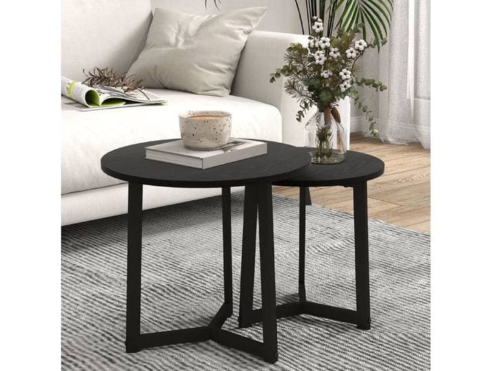 SENVIRO lot de 2 tables basses rondes gigognes 48 x 45 cm et 40 x 40 cm structure en acier peint plateau en MDF mélaminé noir