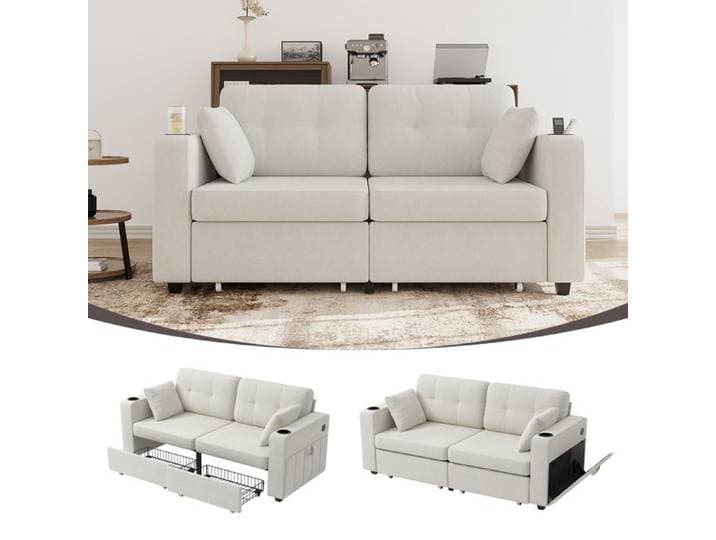 Canapé deux places avec deux tiroirs de rangement et ports de chargement USB 172x75x82 cm Beige