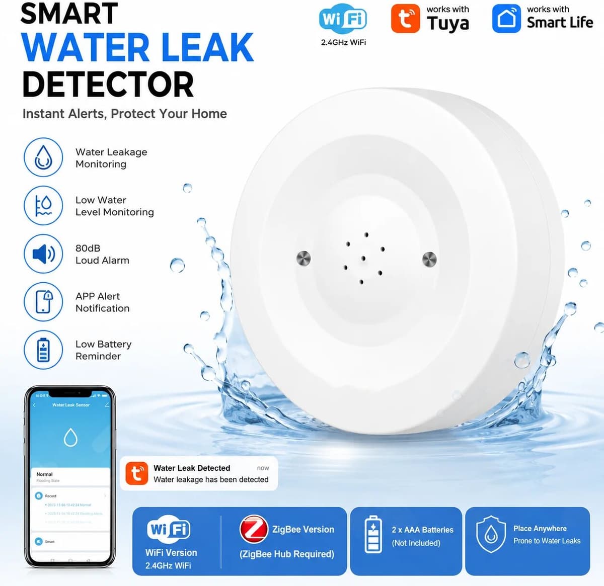 other Tuya Smart Water Leak Detector, Available in WiFi or ZigBee (Hub Required) Versions, Flood Sensor with APP Alerts