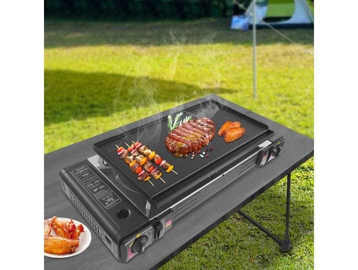 Réchaud à gaz 2 brûleurs 2100-2500W avec plaque de cuisson antiadhésive, réchaud au butane pour le camping, les rassemblements, la cuisine en plein air