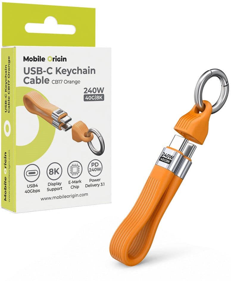 Mobile Origin 240W USB-C til USB-C Kabel m. Nøglering - 13cm - Orange