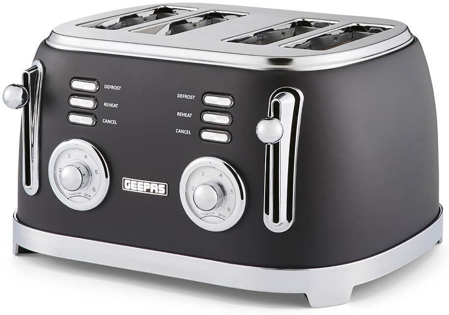 GEEPAS Retrovive 4 Slice Bread Toaster   Extra Wide Slot 6 Browning Level   Defrost/Reheat/Cancel Function Removable Crumb Tray   Cool Touch Exterior Black 4 - Slice