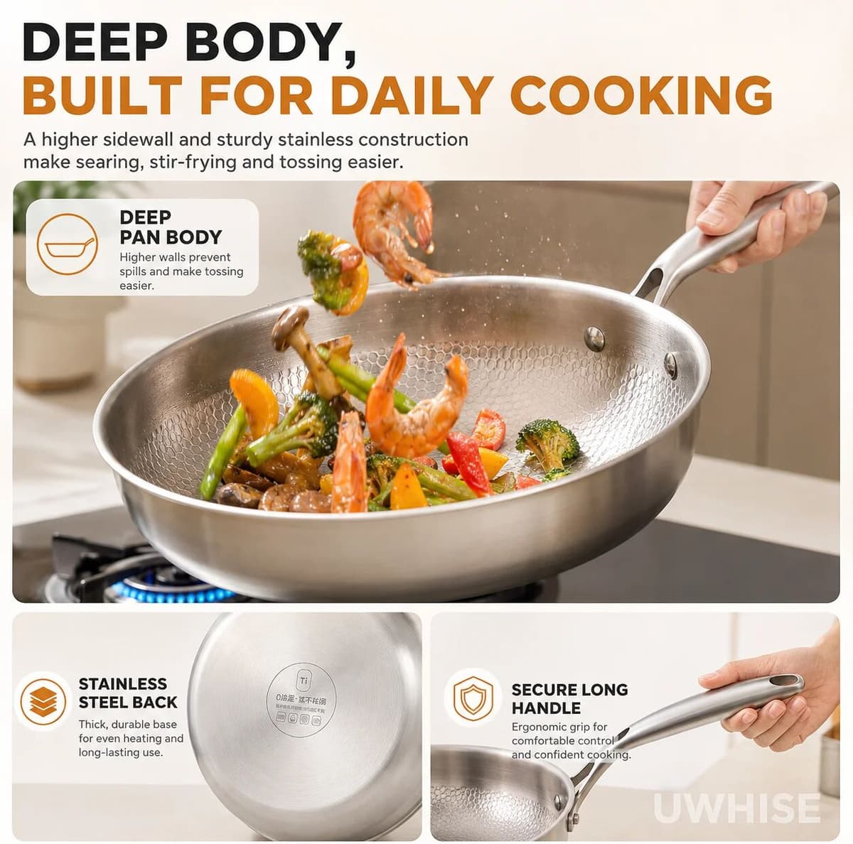Uwhise Uncoated Titanium Frying Pan Non Stick Hammered Skillet With Glass Lid Metal Utensil Steak Eggs Kitchen Frying Pan
