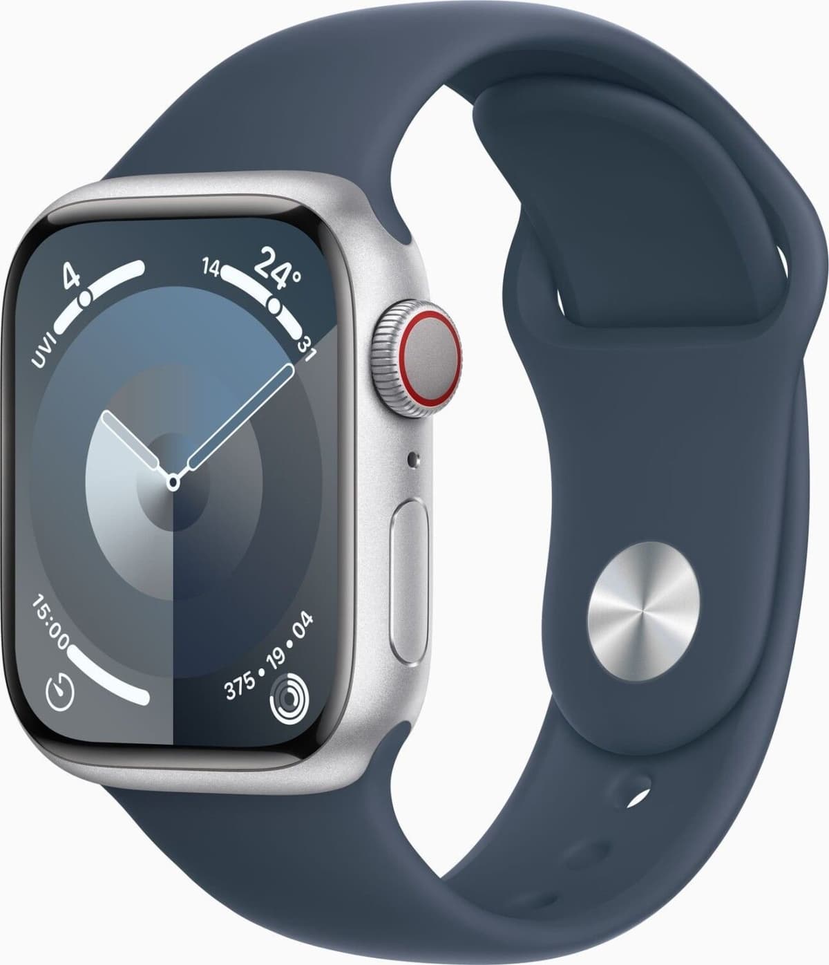 Apple Watch Series 9 aluminium 41 mm (2023)   GPS + Cellular   Srebrny   Pasek Sportowy Burzowy Błękit M/L - Refurbished