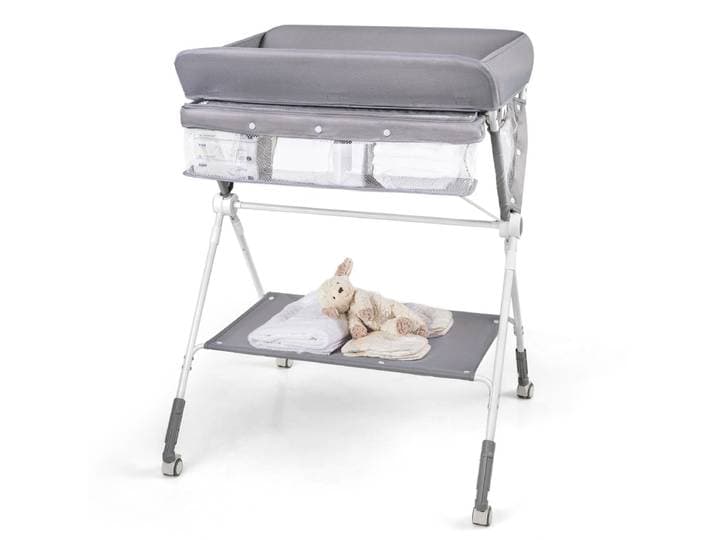 Draagbare Commode Opvouwbare Verschoontafel met 3-Voudig Verstelbare Hoogte en Vergrendelbare Wielen 81 x 66,5 x 95-101 cm-Grijs
