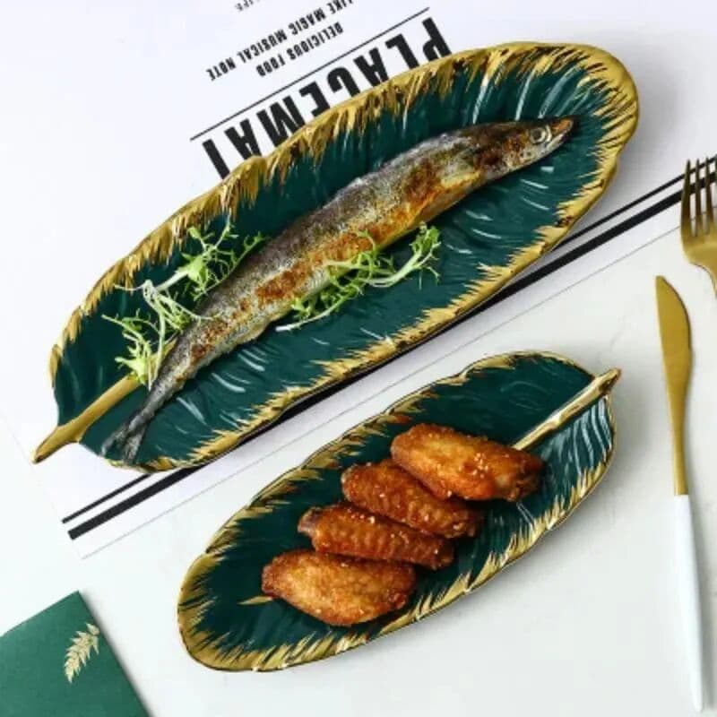 NONE Luxury Ceramic Platter Storage Tray with Glod Rim Green Leaf Glod Feather Jewelry Makeup Brush Storage Decorative Sushi Plate