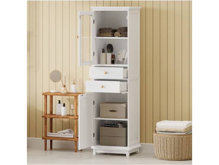 Colonne de salle de bain blanche 45 11 x 36 1 x 160 cm porte vitrée 2 tiroirs 2 placards MDF FOLYNA