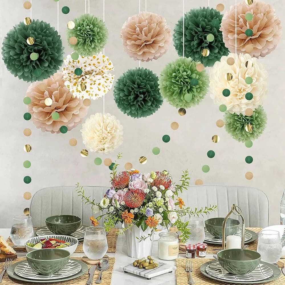 NONE 15pcs Green Tissue Paper Pom Poms Decoration Dots Paper Garland String Hanging for Wedding Baby Shower Birthday Party Backdrop