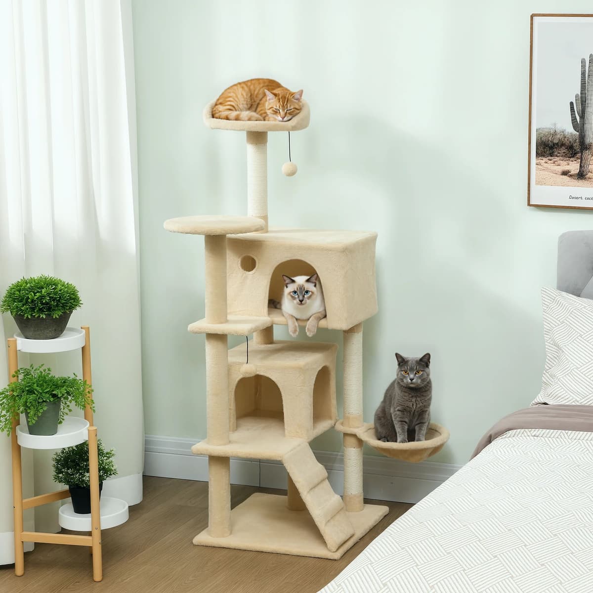 PawHut 140cm Cat Tree Tower with Sisal Scratching Posts, Condos