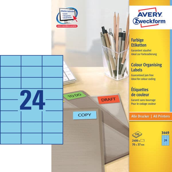 Avery 3449 Etiketter   70x37mm   Blå   2400 Stk.