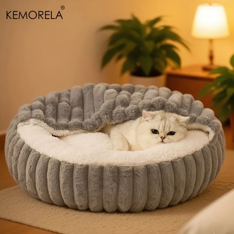 KEMORELA Calming Warm Kitten Bed Round Hooded Cat Cave, Indoor Puppy Sleeping Bed Suitable for Cat Dog Non-Slip Bottom Cat Cushion