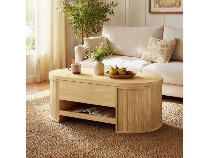 VEVXYN table basse relevable rangement table salon ovale 110 x 55 5 x 40 cm en MDF naturel avec tablette coulissante