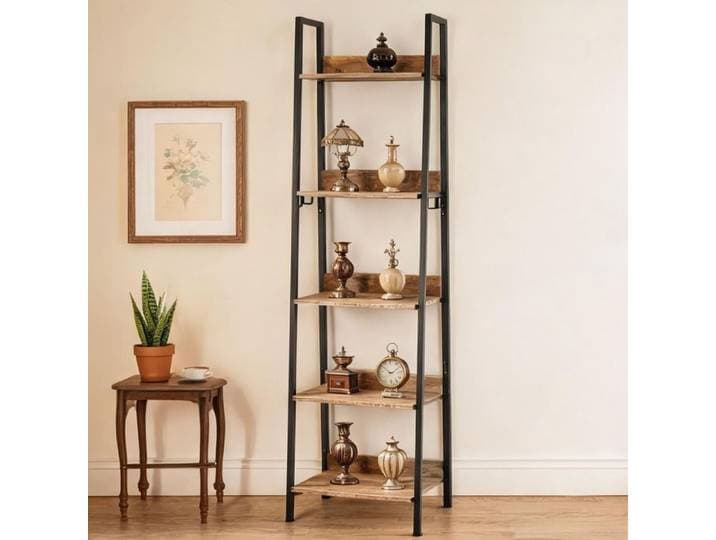 Étagère bibliothèque en échelle MDF et métal matte black 5 niches asymétriques 40 x 36 x 170 cm