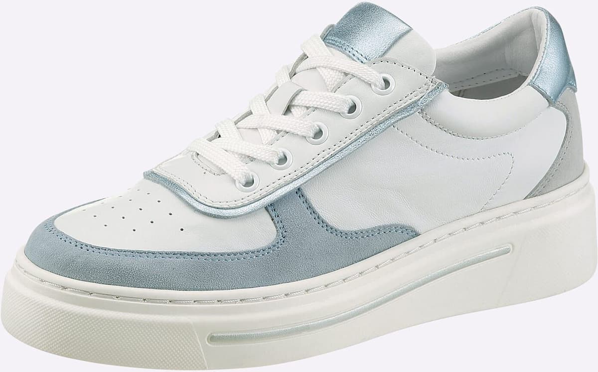 Sneaker HEINE, Damen, Gr. 37, Lederimitat, blau (weiß, bleu), Glattleder, Leder, Veloursleder, Schuhe Sneaker weiß, bleu 37, Lederimitat