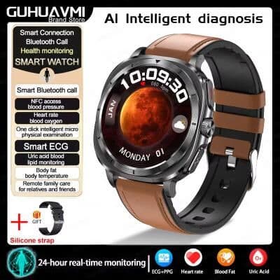 Inspired Finds 2025 Smart Health Watch For Men And Women ECG + PPG, Uric Acid Monitor, Blood Pressure, Blood Oxygen & Body Fat Analys brown Leather