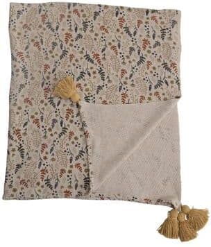 Storied Home Woven Recycled Cotton Blend Printed Throw Blanket with Neutral Floral Pattern and Tassels