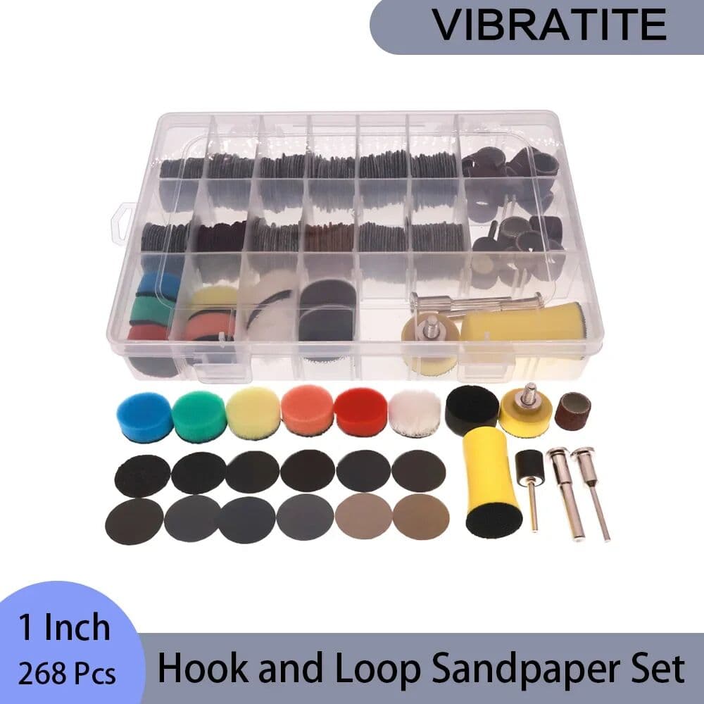 VIBRATITE 1 Inch Hook and Loop Sandpaper 268 Pcs Assorted 60-10000 Grit Wet and Dry with Hand Sanding Block Polishing Sponge for Polishing