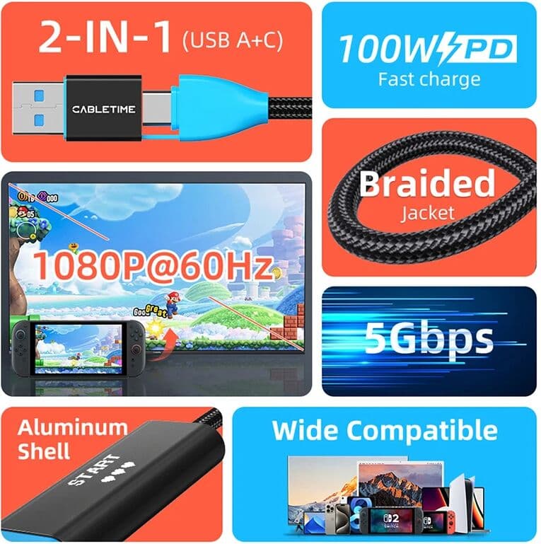 CABLETIME USB3.0 Video Capture with 100W PD Card USB A/USB C 2 in 1 Capture Cable 1080P@60Hz 5Gbps l for Tablet Laptop Switch