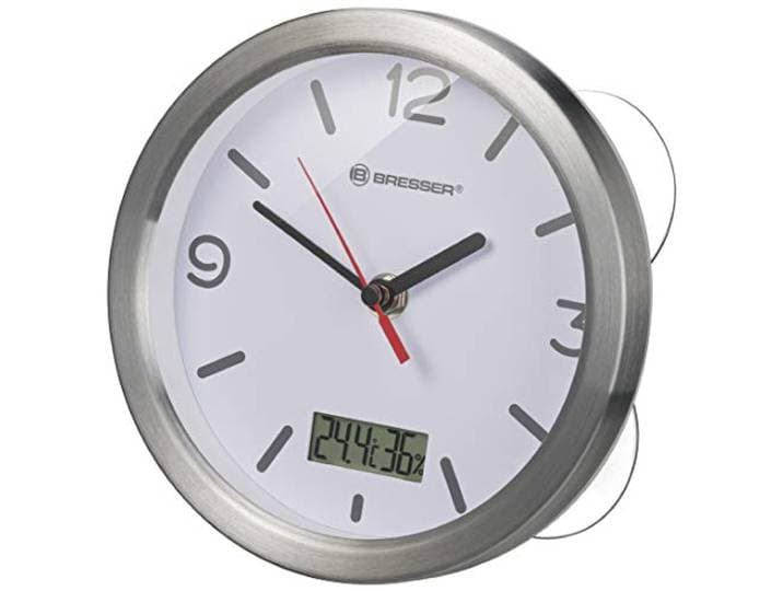 Bresser Wandklok Mytime Thermo-/Hygro draadloze badkamerklok met thermometer en hygrometer inclusief 4 sterke zuignappen om op te hangen of neer te zetten, wit, 17 cm